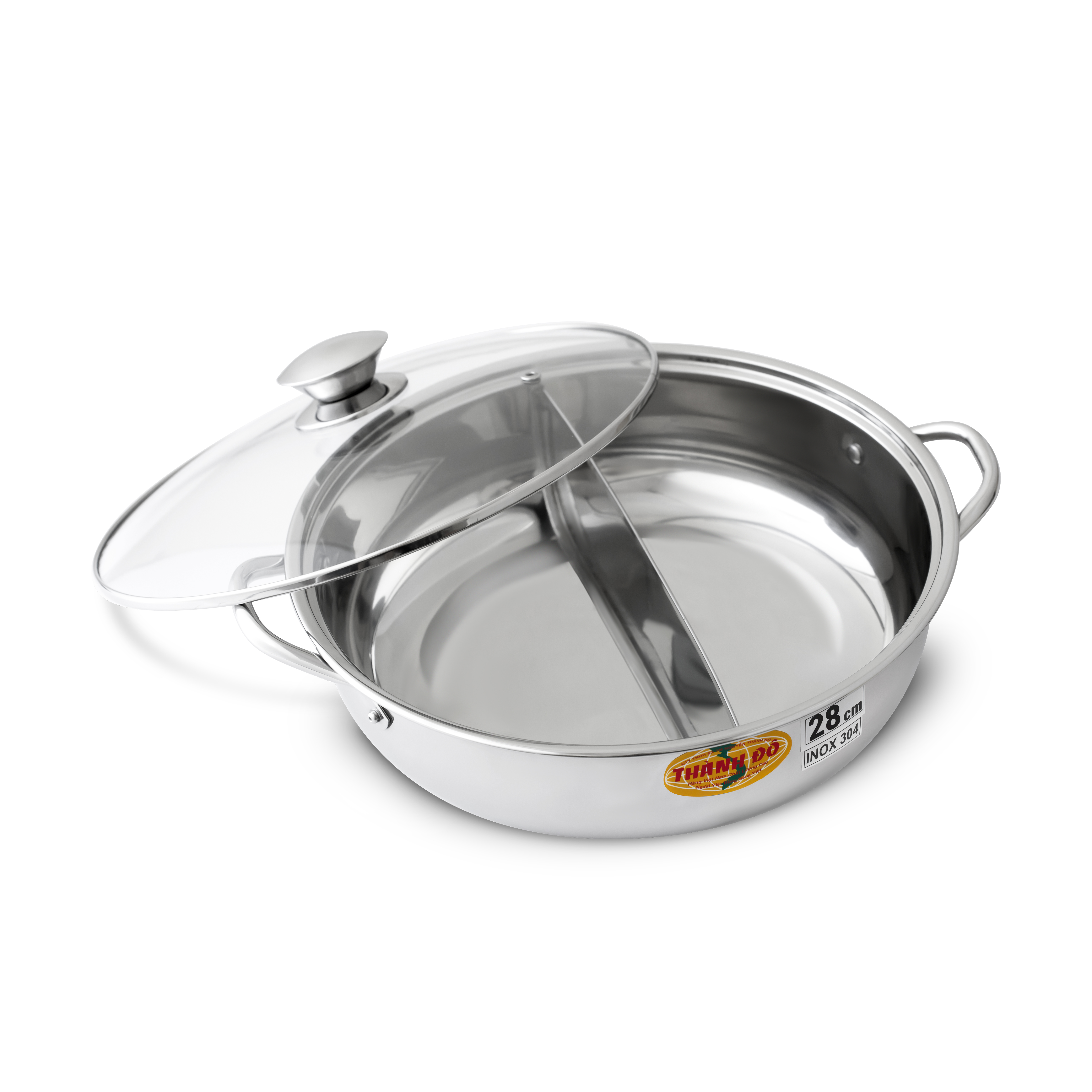 Nồi Lẩu 2 Ngăn Nắp Kính Thành Đô size 28cm - Làm Từ Inox 304