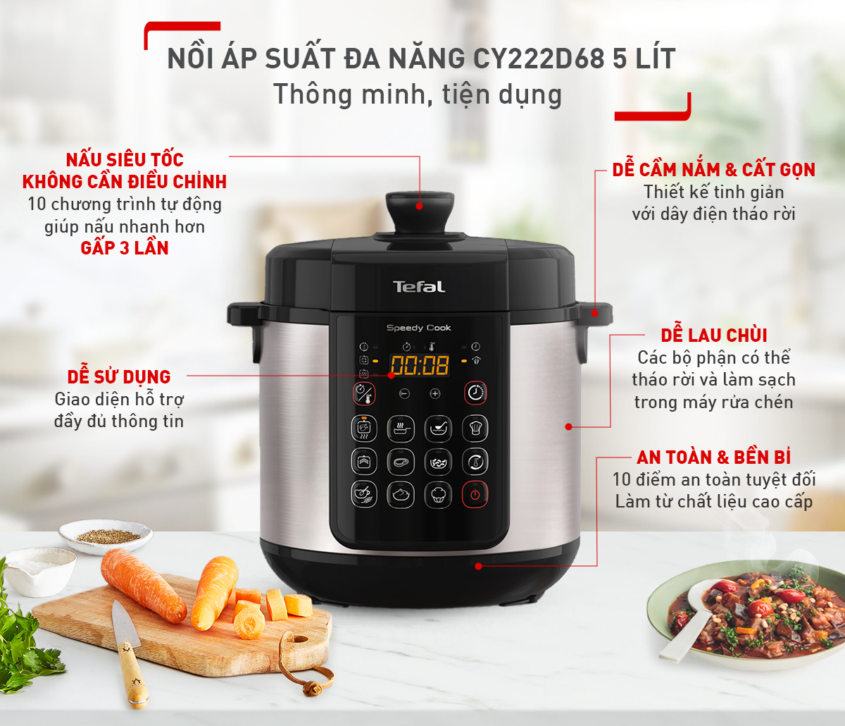 Nồi áp suất điện đa năng Tefal Speedy Cook 5L CY222D68 - Hàng chính hãng