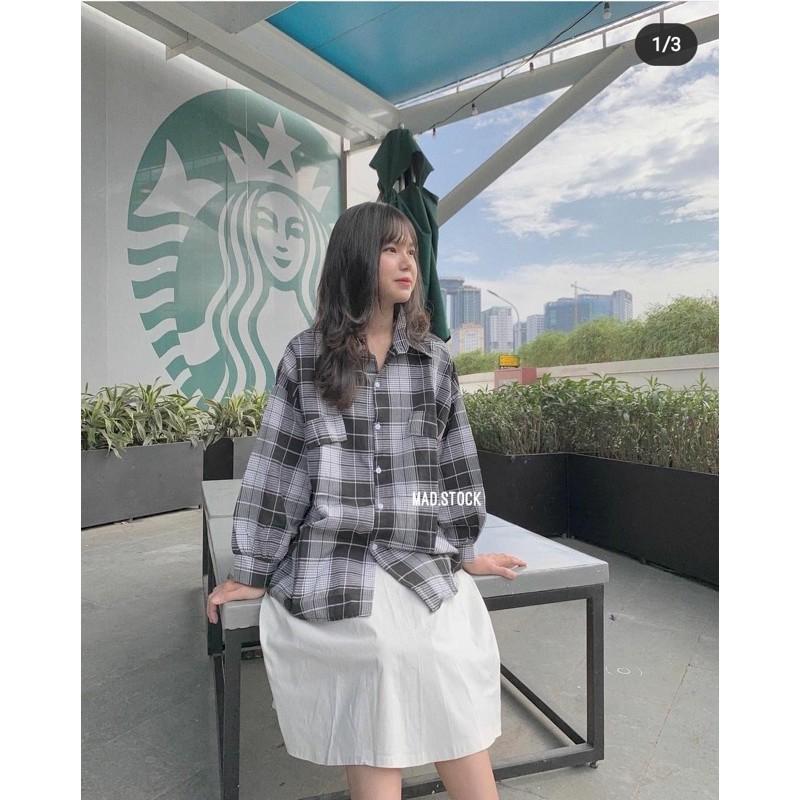 Sơ mi kẻ nắp túi tay bồng