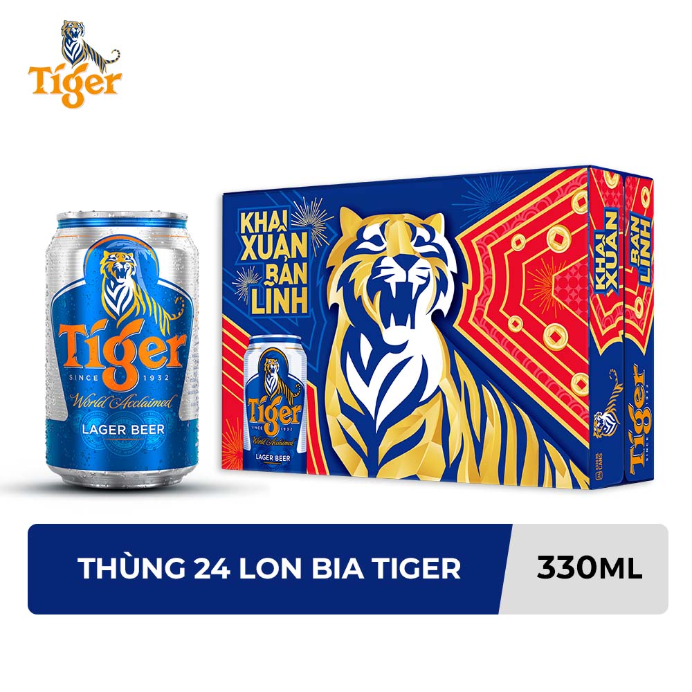 Thùng 24 lon bia Tiger 330ml - Bao bì Xuân