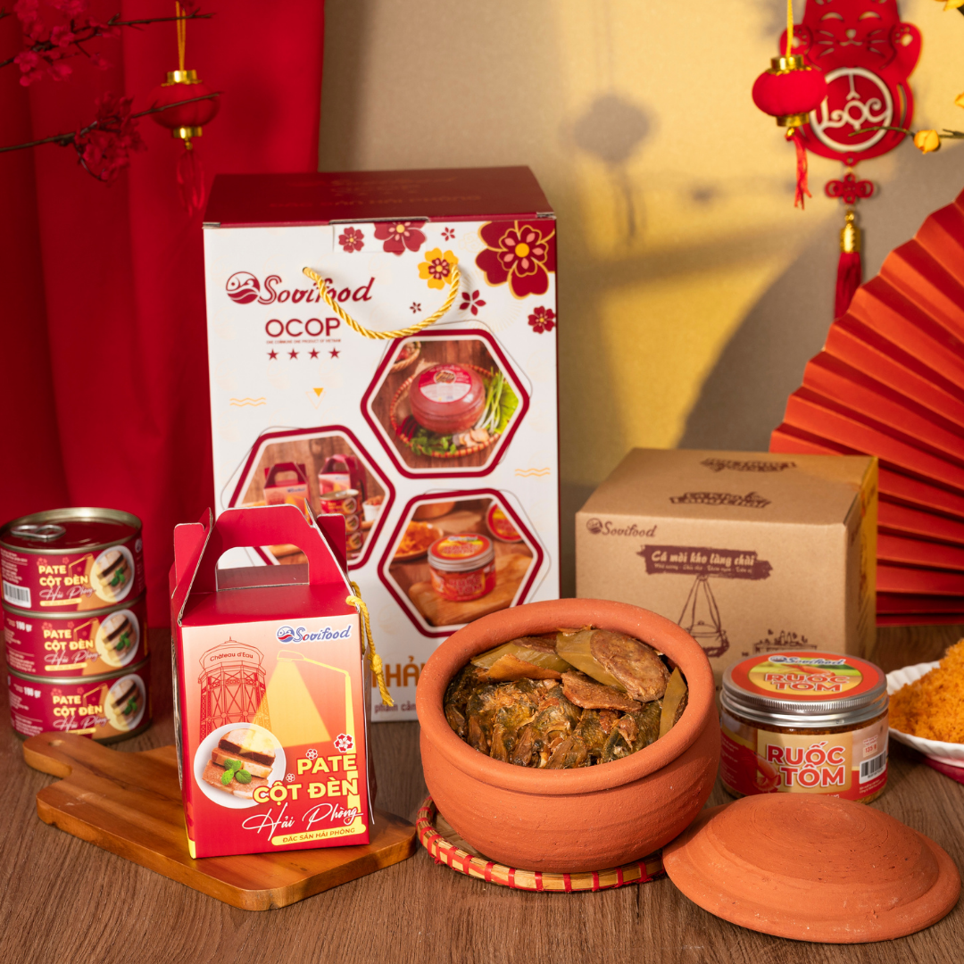 Hộp Quà Đặc Sản OCOP Hải Phòng Sovifood Cao Cấp – Cá Mòi Kho Niêu Đất 500G, Ruốc Tôm 200G, Pate Cột Đèn 570G – Quà Biếu Sang Trọng, Ý Nghĩa