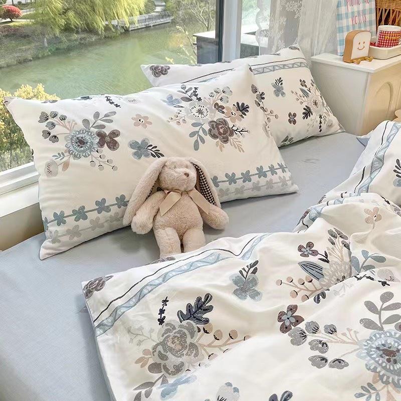 Bộ Chăn Ga Gối Côtton Living 100%cotton Hàng Nhập Khẩu Cao Cấp 4 Món Hoa Xanh
