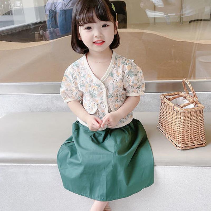 VT47 Size90-130(9-25kg) ️Set bộ bé gái (Áo vải thô + Chân váy vải mịn) Thời trang trẻ Em hàng Quảng Châu