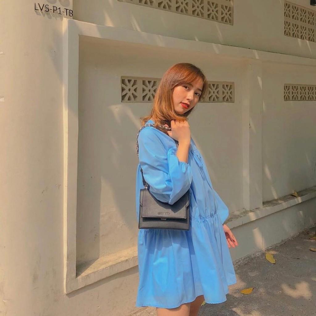 Đầm Babydoll Xanh Cổ V Thắt Nơ Xếp Ly Thân - Hậu Nguyễn Store