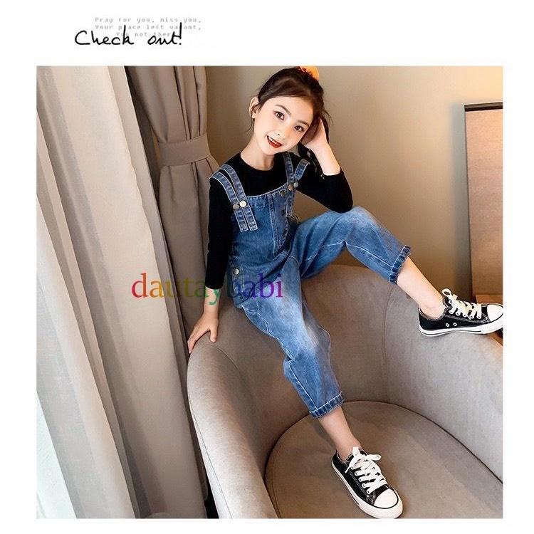 Yếm Jean dài bé gái yếm bò bé gái jean co giãn có túi thật phong cách Hàn Quốc năng động cho bé 12-42kg
