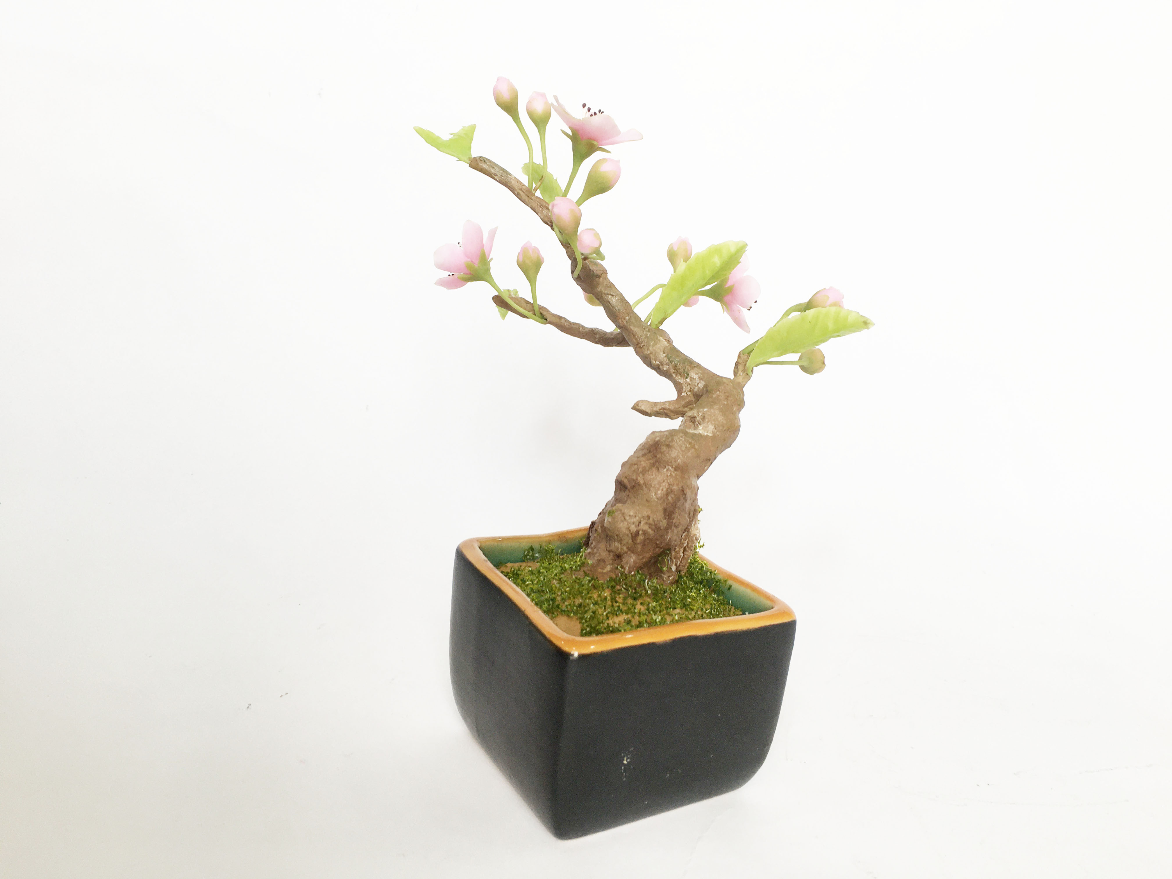 Chậu hoa đất sét mini- Bonsai hoa đào sakura - Quà tặng trang trí handmade (18x10x10cm)