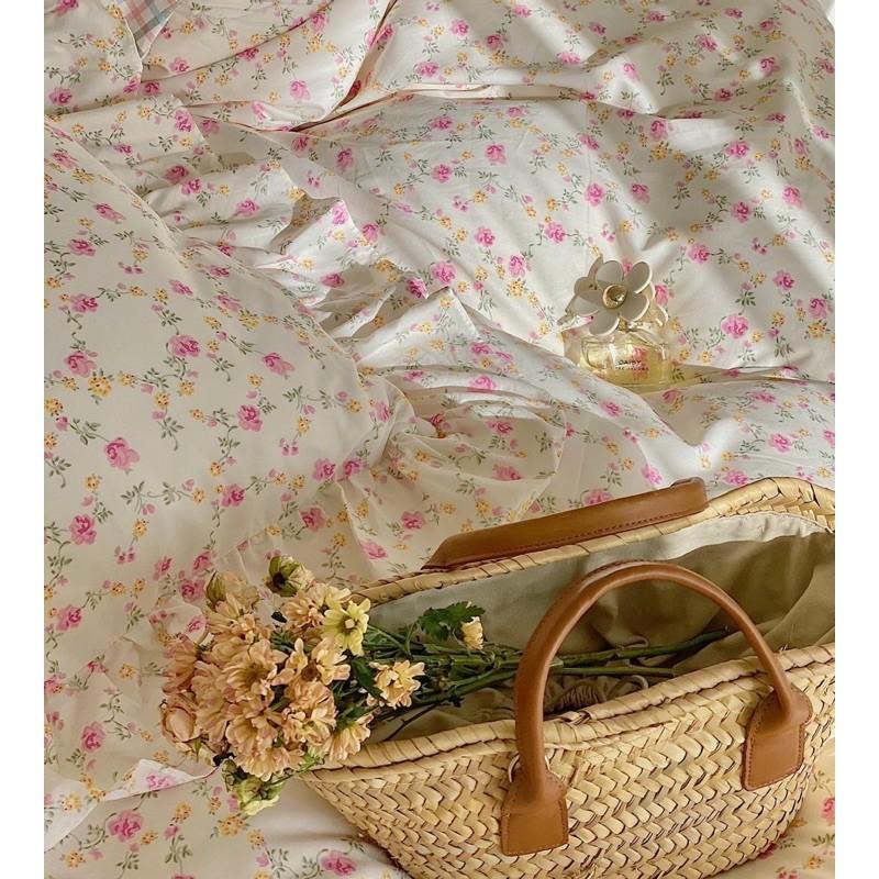 Bộ Chăn Ga Cotton 100% Phong Cách Hàn vintage Hàng Nhập Khẩu Cao Cấp 4 Món