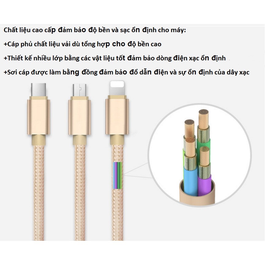 Cáp Sạc 3 Đầu Bọc Dù Siêu Bền, Tương Thích Với Mọi Thiết Bị, Cổng Sạc USB Sang Type C, Light ning, Micro USB, Dây Sạc Điện Thoại Đa Năng, An Toàn, Tiện Lợi - Màu Ngẫu Nhiên