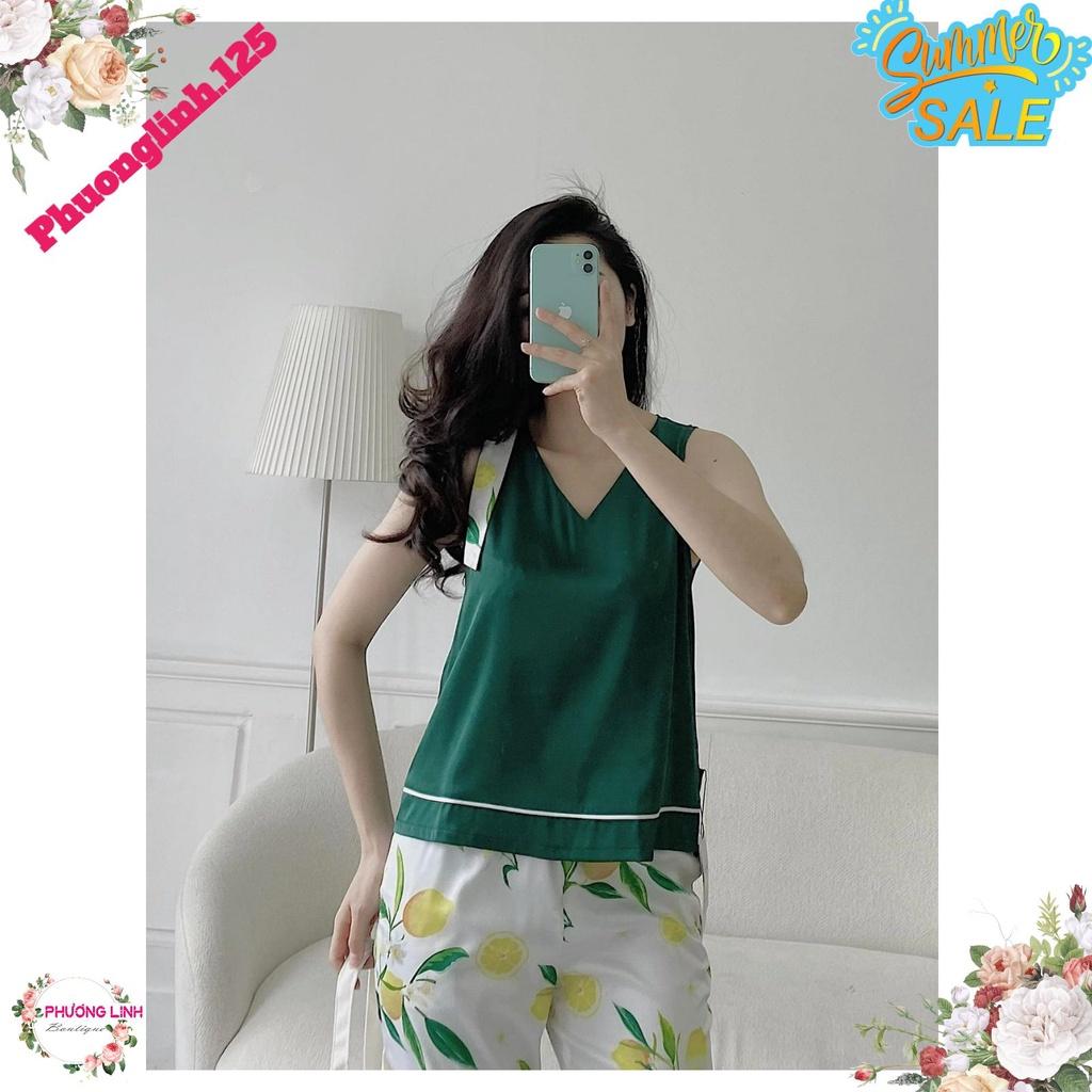 SET LỤA ÁO XANH NƠ VAI QUẦN HOA