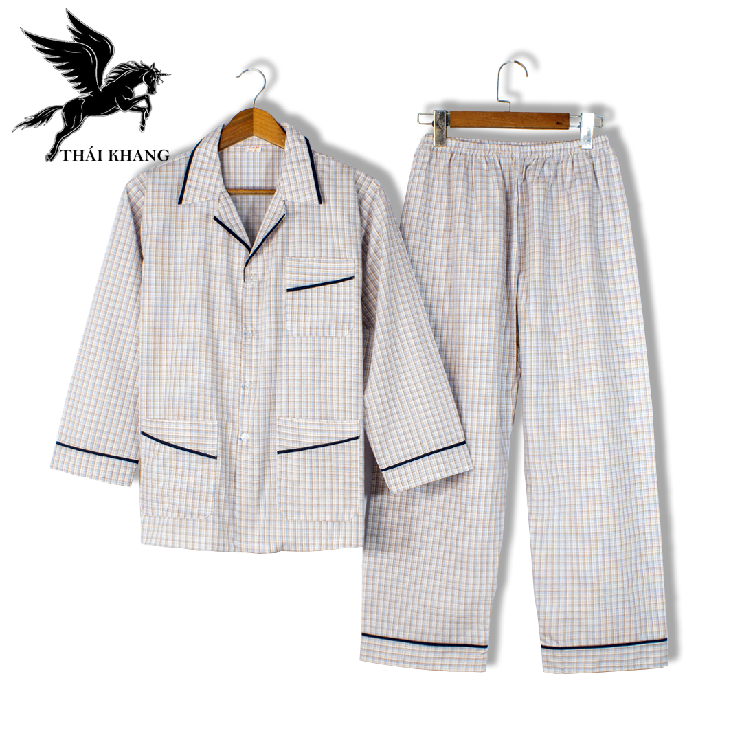Bộ pijama nam dài tay trung niên vải cotton mặc mát thoải mái cho người già loại bộ đồ trung niên pijama mặc nhà loại caro (Giao ngẫu nhiên)