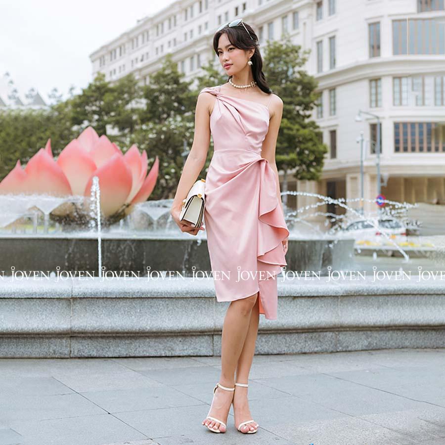 Đầm vặn vai nhíu eo hồng Joven