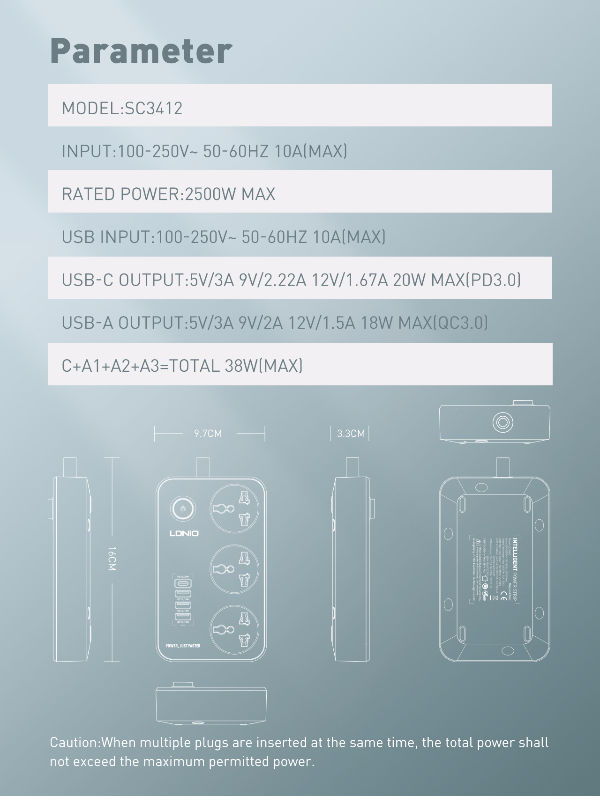 Ổ cắm đa năng 2500W hỗ trợ 3 cổng USB QC18W và PD20W LDNIO SC3412 _ hàng chính hãng