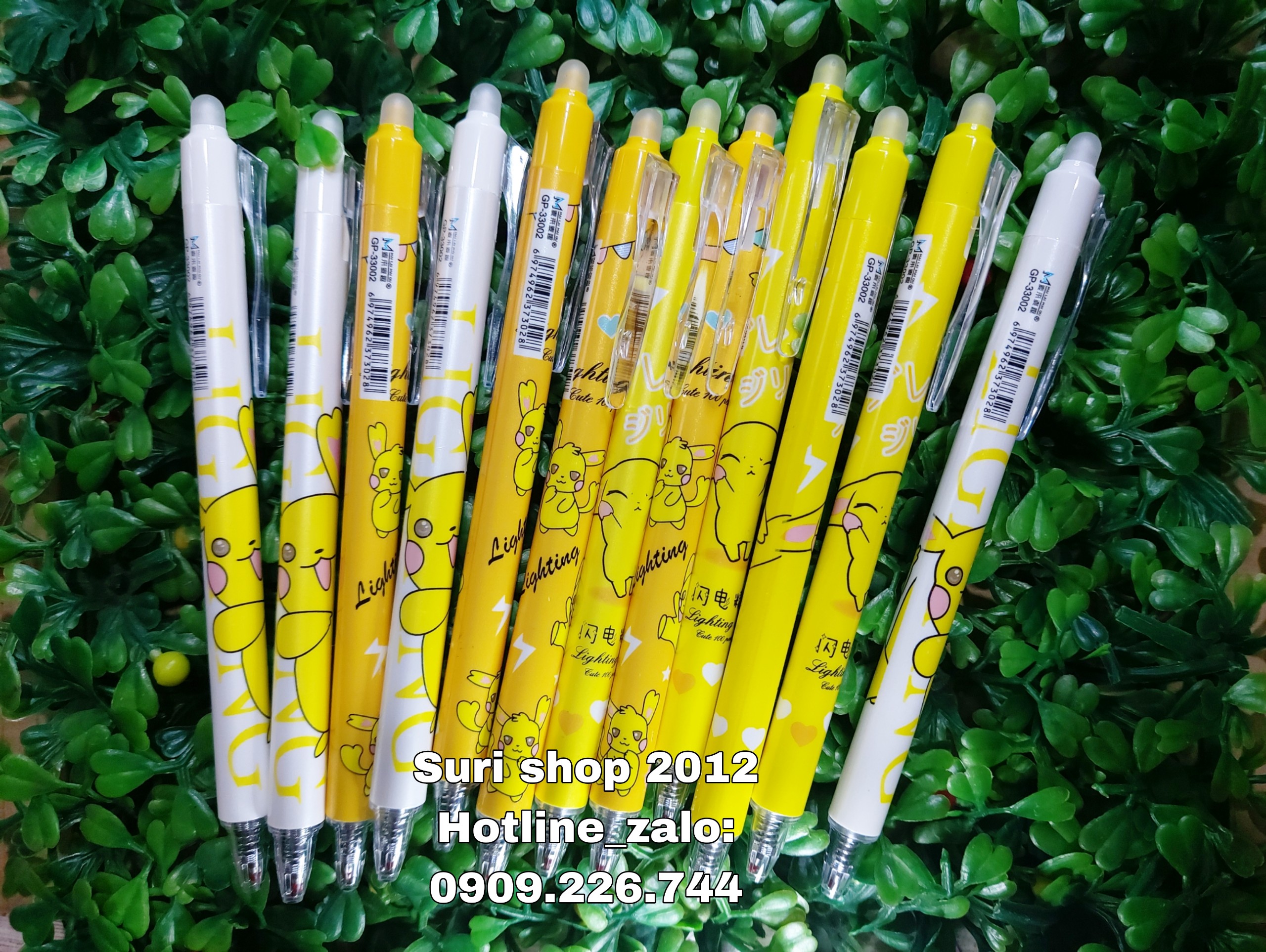 Hộp 12 cây bút gel mực xoá được dạng bấm hoạ tiết hoạt hình dễ thương ( mực xanh , tím