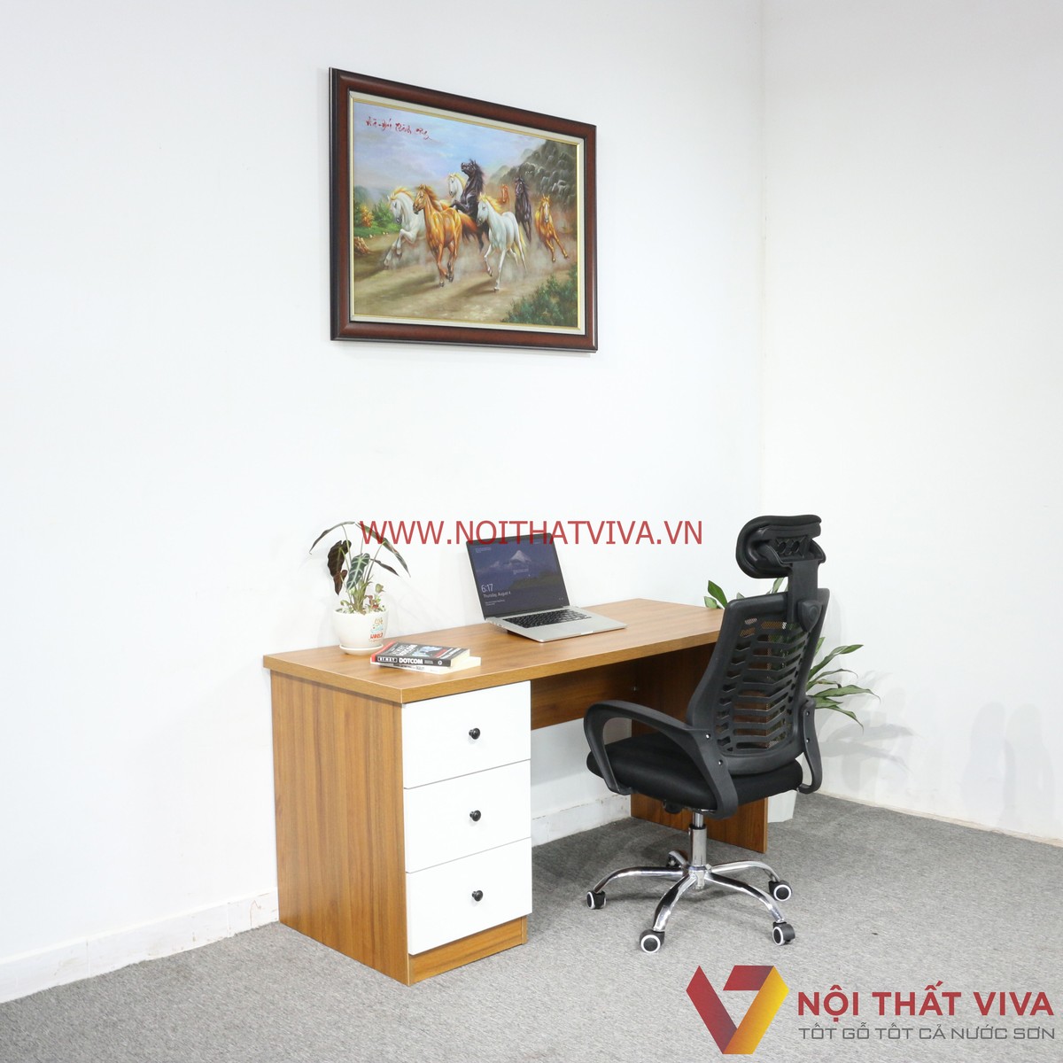 Bàn Làm Việc Gỗ MDF Melamine Màu Vàng Sọc Hộc Kéo Trắng Hiện Đại