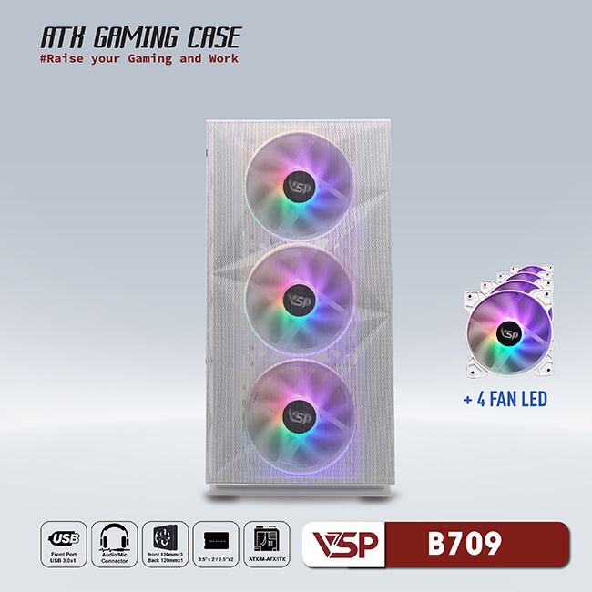 Vỏ máy tính Case VSP B709 [TRẮNG] sẵn 4 Fan LED ~ Gaming kính cường lực (M-ATX/ITX) - Hàng chính hãng TECH VISION phân phối