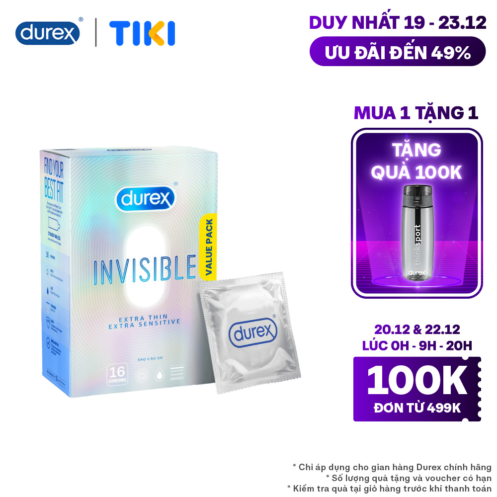 Bao Cao Su Durex Invisible Siêu Mỏng, Size 52 mm, Hộp 16 Bao Mới Ra Mắt - Hộp Lớn Siêu Tiết Kiệm