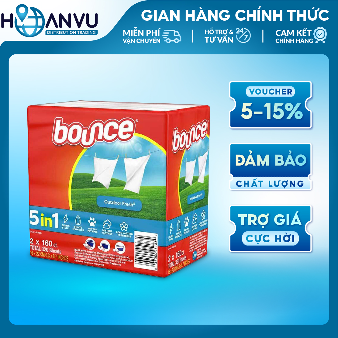 Khăn giấy thơm Bounce 5in1 Dryer Sheets Outdoor Fresh (160 tờ)