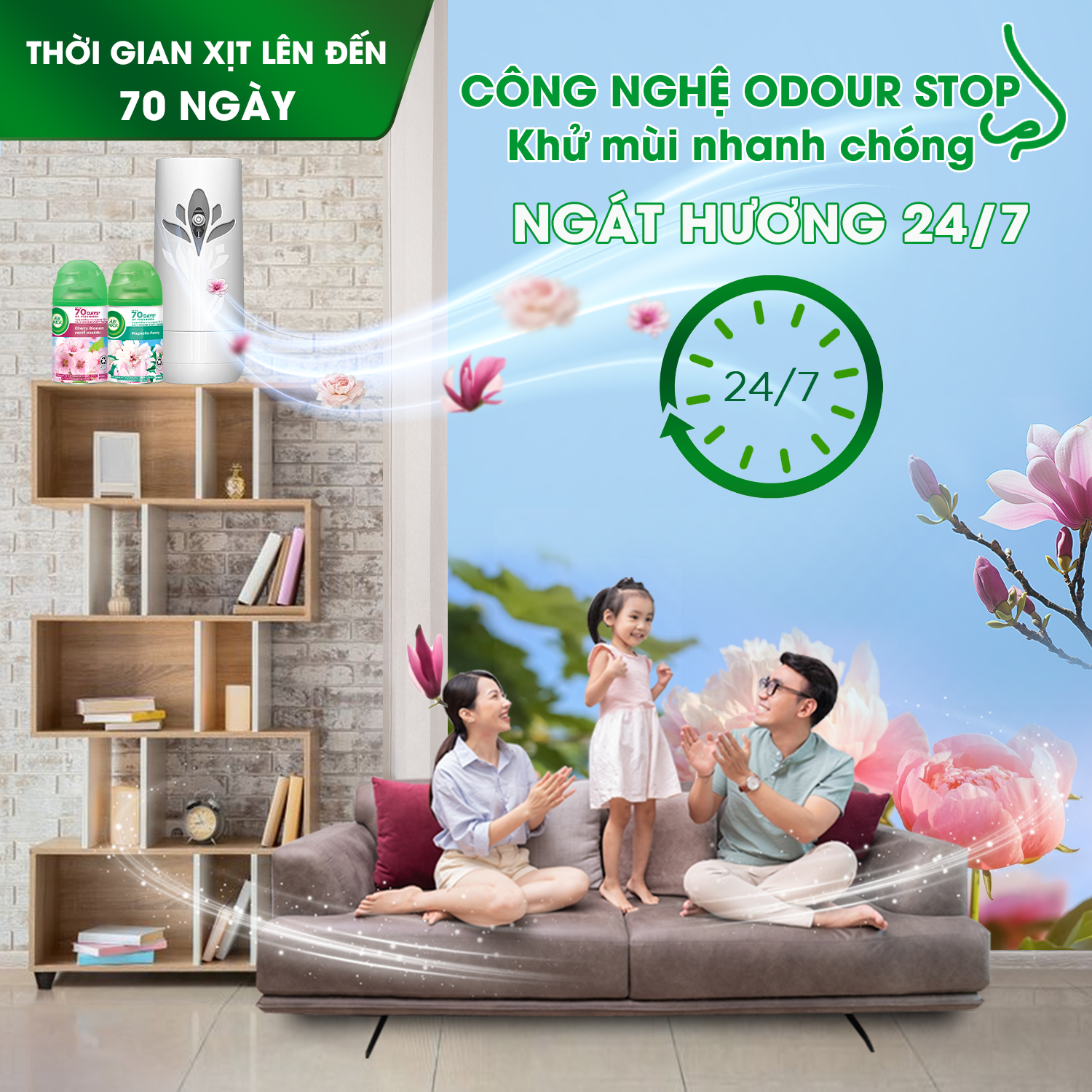 Bộ máy xịt phòng tự động Air Wick magnolia + lõi cherry blossom, đem lại hương thơm tinh tế ngát hương 24/7