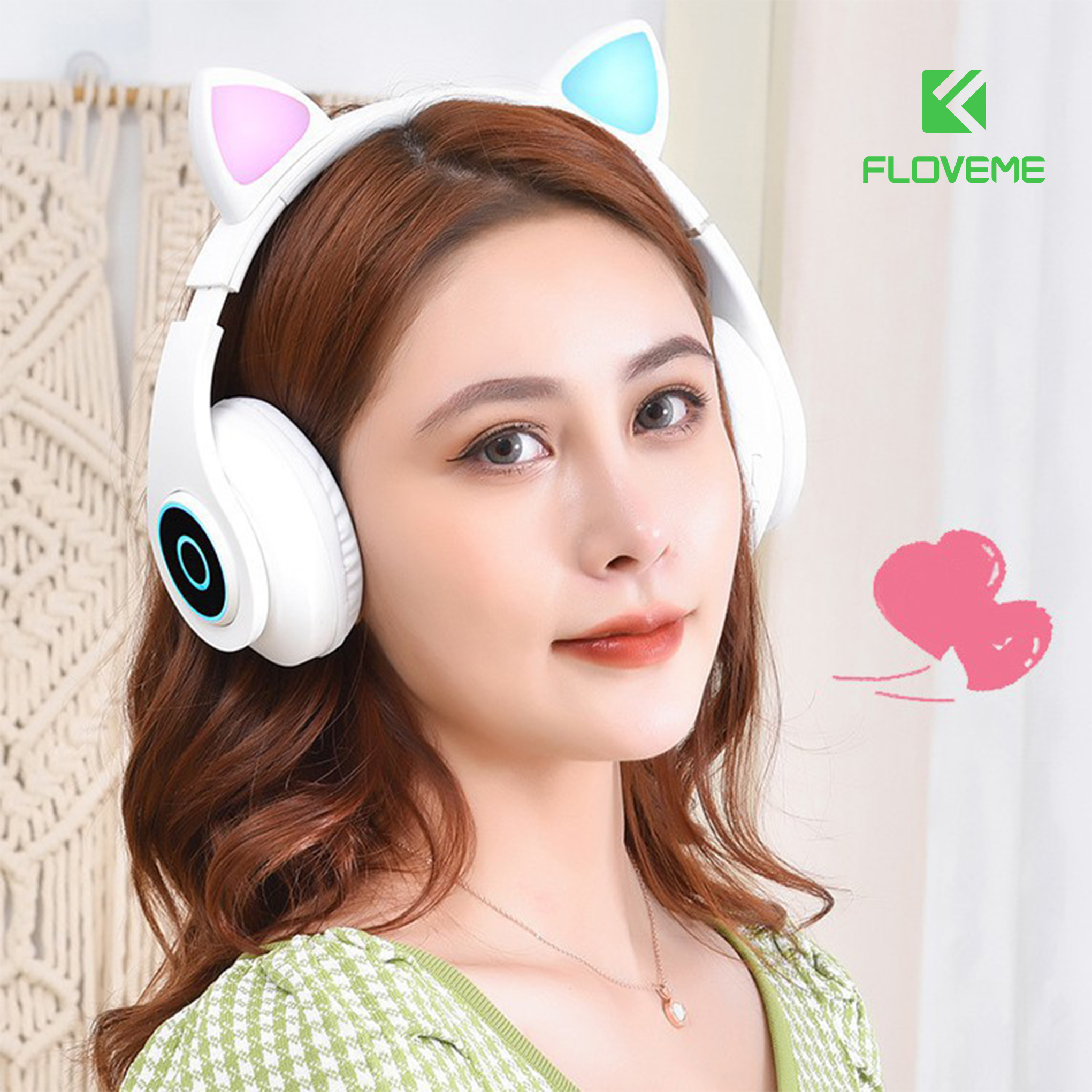 Tai nghe Mèo Bluetooth FLOVEME B39 đáng yêu có mic đàm thoại cao cấp, có đèn phát sáng cute tai nghe thời trang - Hàng chính hãng