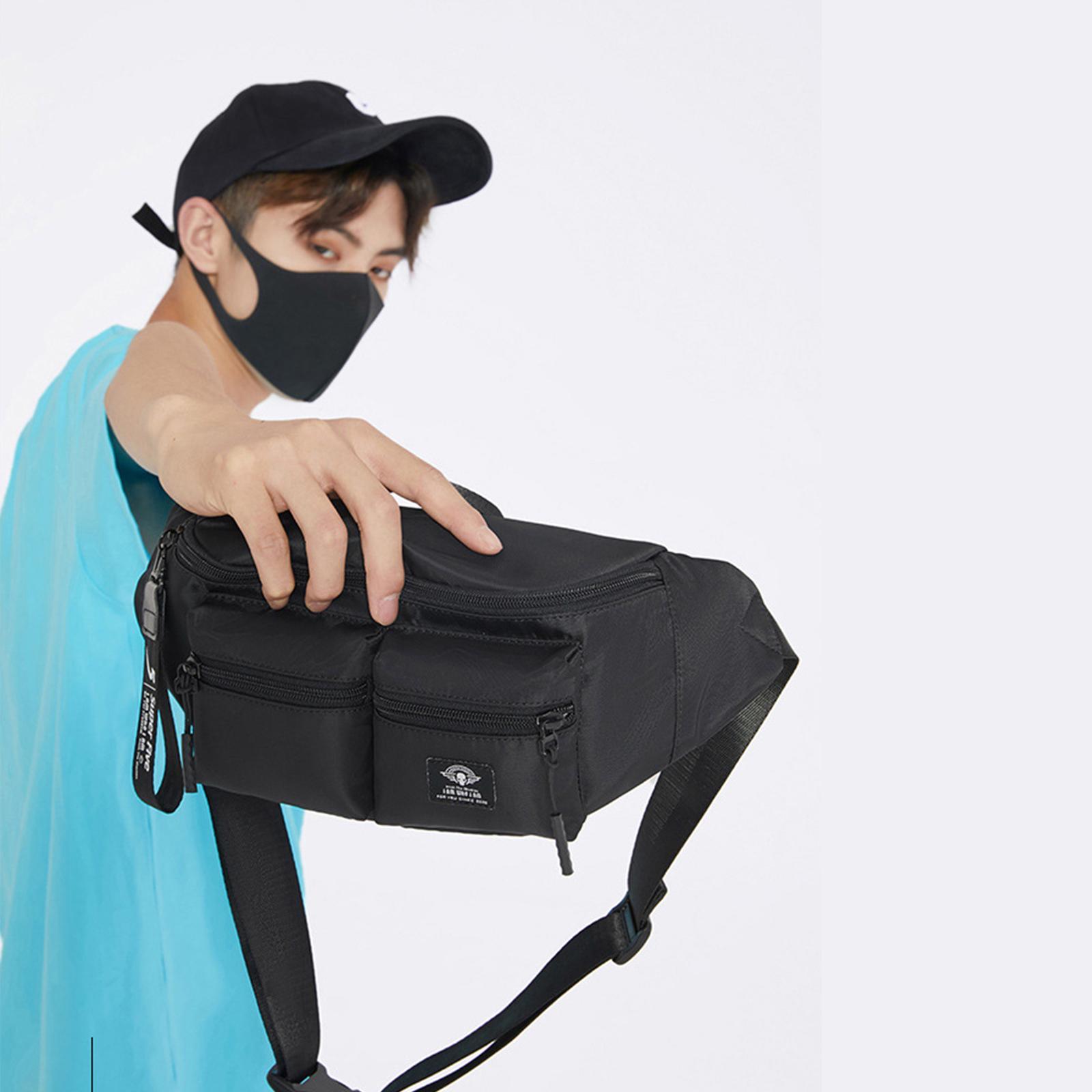 Women Men Black Waist Bag with Pocket Zip Adjustable Strap Multipurpose Belt Bag Shoulder Bag