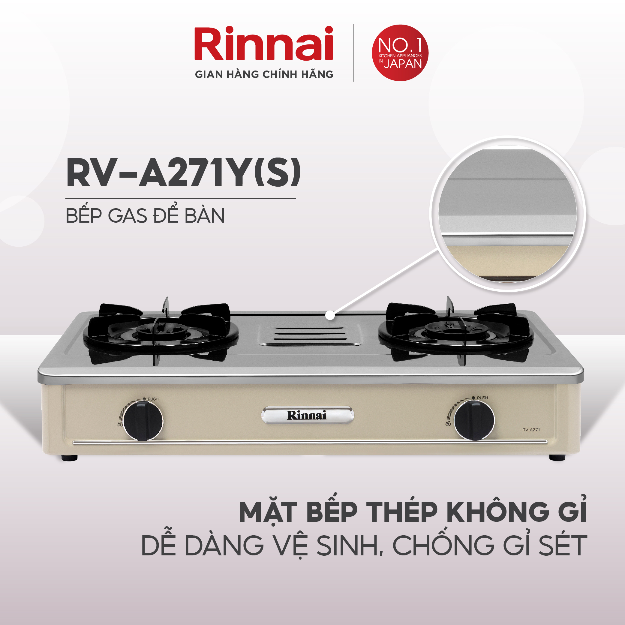 Bếp gas dương Rinnai RV-A271Y mặt bếp inox và kiềng bếp men - Hàng chính hãng.