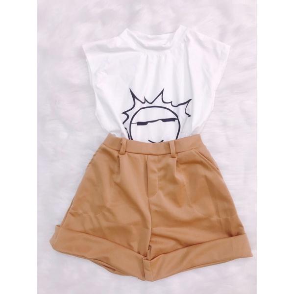 Sét đùi gấp lai có con đỉa và áo in hình mặt trời siêu cute kèm hình thật