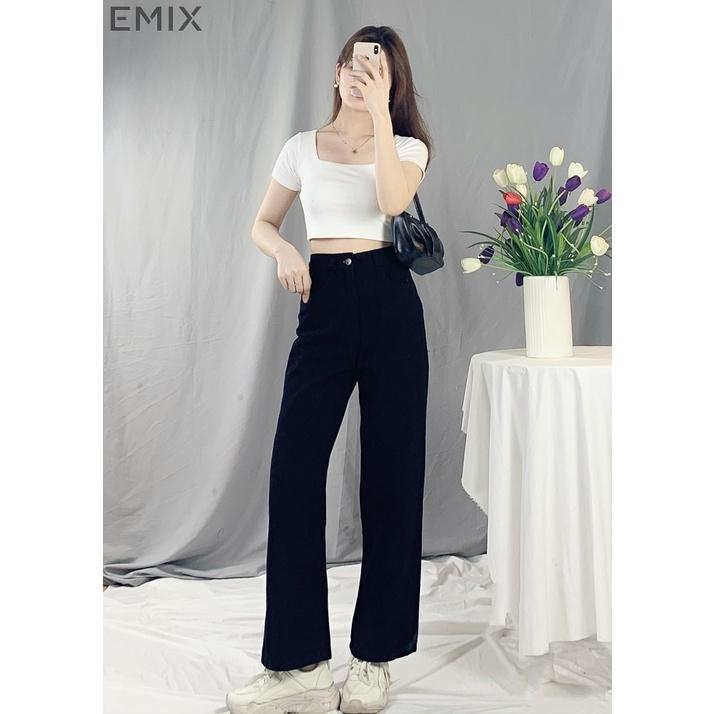 Quần jean đi học EMIX (3 màu), ulzzang, dáng dài, cạp cao, ống suông rộng, có đai, túi, chất jean mềm nhẹ 240