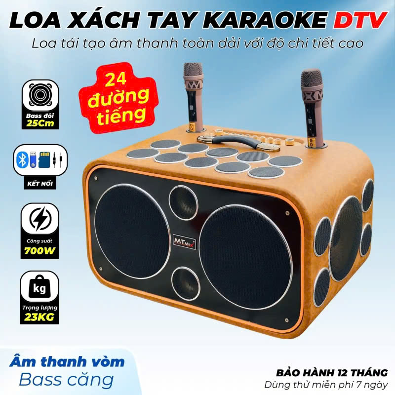 Loa Xách Tay DVT 24 Đường Tiếng Kraoke, Công Suất Cực Đại Siêu Trầm 700W Mã Lực Bass Cực Mạnh ,25 Loa 2 Bass 25cm Siêu Trầm, Âm Thanh Sáng Ấm, Bluetooth 5.0, AUX, USB, Bộ Xử Lý DSP Echo, Delay, Rever Bọc Da Sang Trọng Hàng nhập khẩu