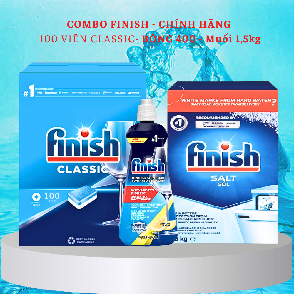 Combo Viên Rửa Bát Finish Classic 100 Viên Muối Finish 1.2Kg Nước Làm Bóng Finish 400Ml