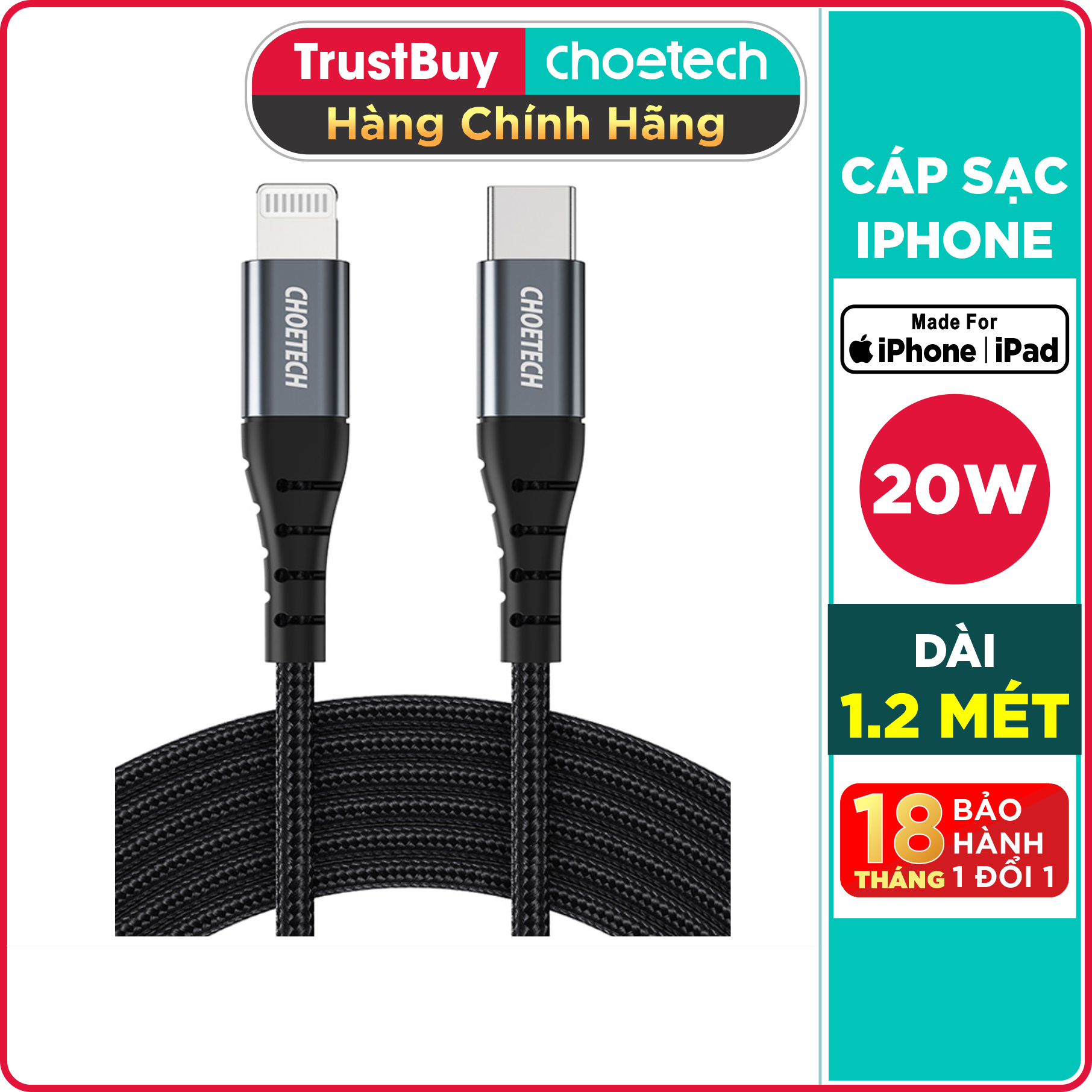 Dây Cáp Sạc Type C To Lightning CHOETECH IP0039 MFI C94 Dài 1.2M Sạc Nhanh 20W Dành Cho iPhone 11, 12, IP13, IP14, Cho iPad - Hàng Chính Hãng