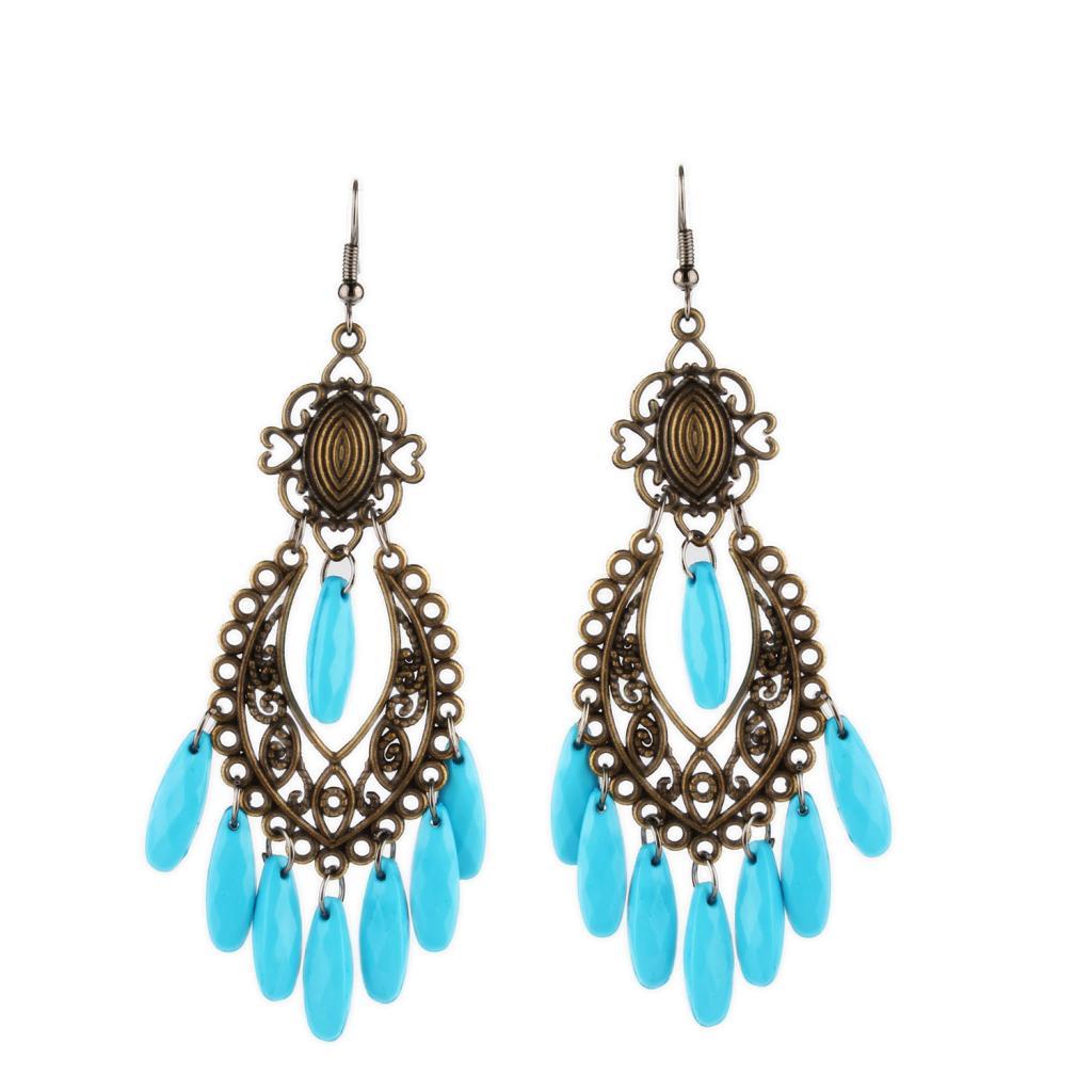 Women Behomia Hollow Flower Alloy Hook Style Earringd Ethnic Odd Beads Dangle Long Tassel Fringe Earrings