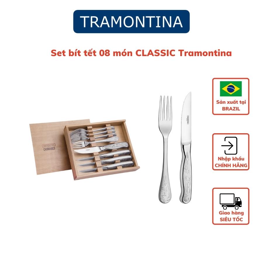 Bộ Dao Thìa Dĩa Chuyên Ăn Bít Tết, BBQ CLASSIC Thương Hiệu Tramontina Gồm 8 Món Khắc Họa Tiết Sang Trọng Cao Cấp Phục Vụ Bàn Ăn Cho 4 Người Nhập Khẩu Chính Hãng Brazil