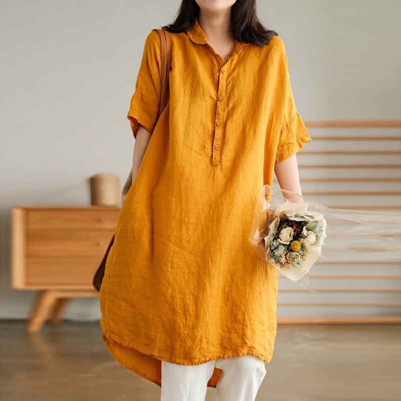 Hình ảnh Đầm sơ mi Hàn Quốc vải đũi mềm tay ngắn váy cổ Polo xinh nhiều màu lựa chọn Đũi Việt