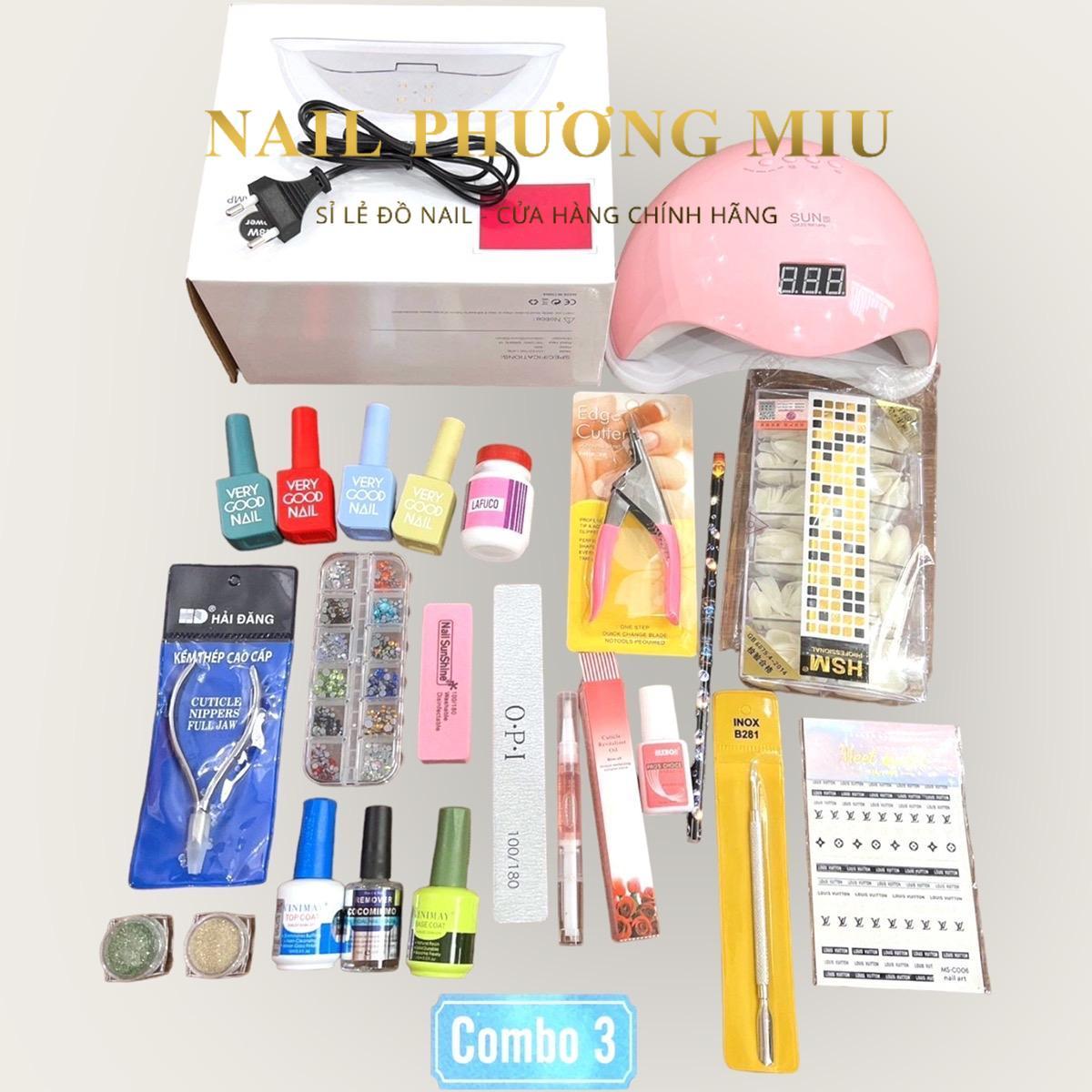 Combo Dụng Cụ Làm Nail Cá Nhân Số 3, Bộ Phụ Kiện Cơ Bản Cho Học Viên Tại Nhà, Gồm Máy Hơ Sun 5, Sơn 4 Màu, Bút Chấm Đá Nữ