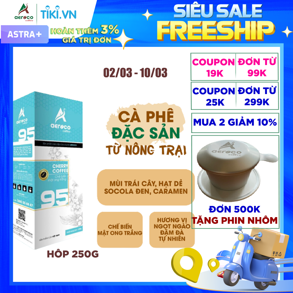 Cà phê bột pha phin AEROCO 95 nguyên chất 100% rang mộc hậu vị ngọt thơm quyến rũ, hộp 250g