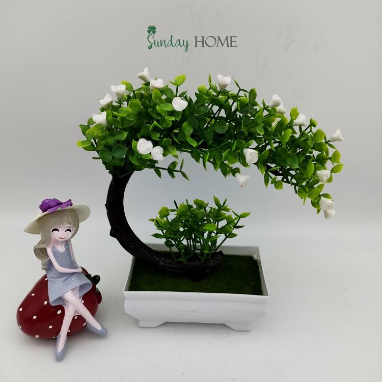 Cây giả Bonsai hoa rực rỡ , chậu cây giả để bàn, kệ tủ, trang trí nhà cửa