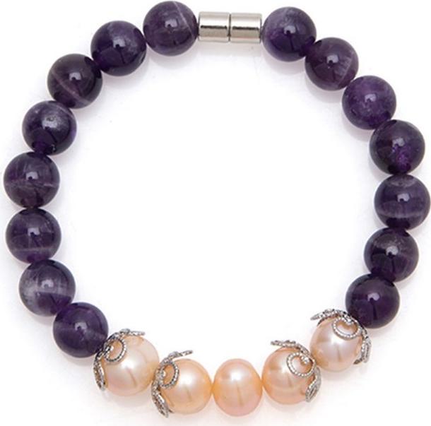 Lắc Đá Thạch Anh Tím Ngọc Trai Hồng Charm Hoa 8mm