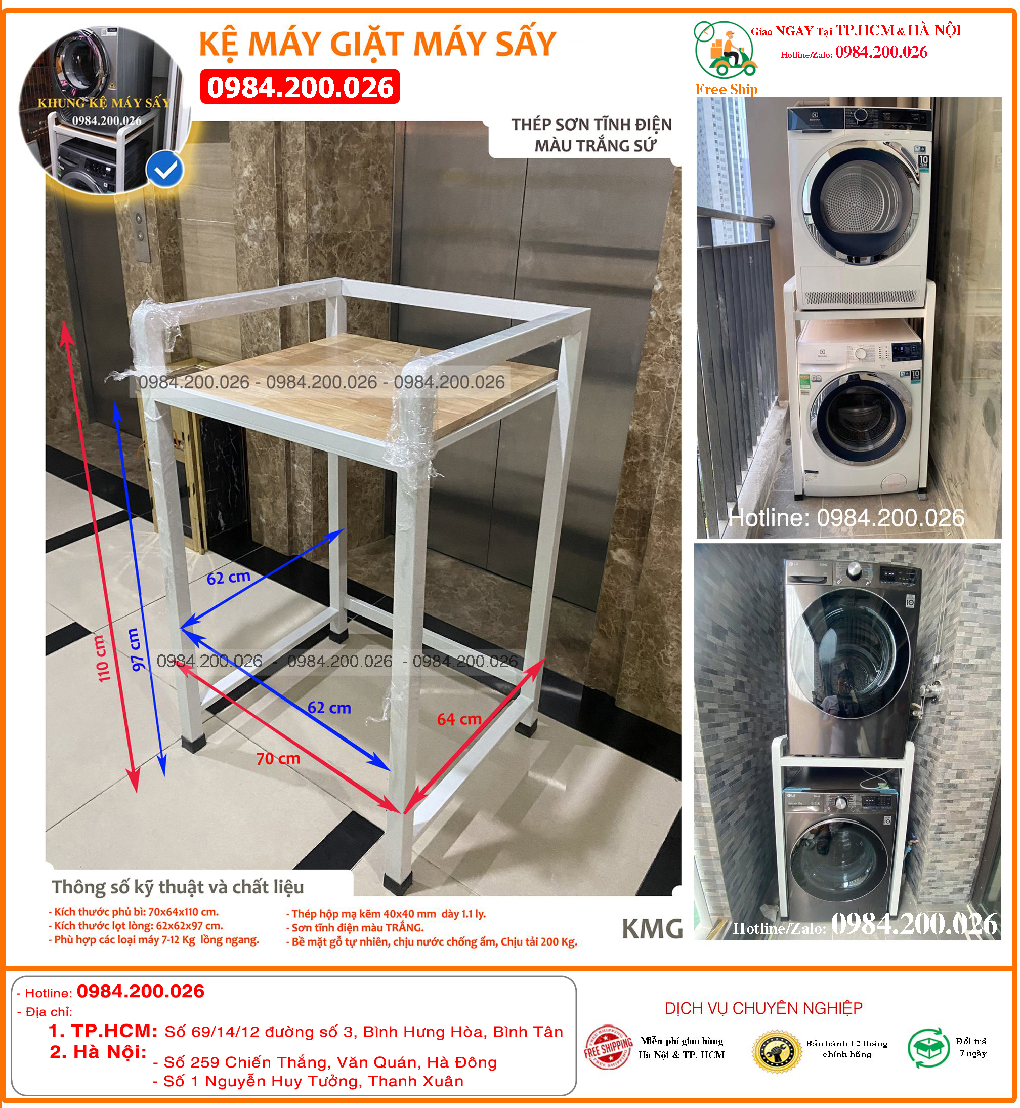Kệ để máy sấy máy giặt-Giao ngay TP. HCM & Hà Nội -Khung hộp 40x40 hàn liền khối, Mặt gỗ tự nhiên chịu ẩm, chống nước, chịu tải trên 300Kg