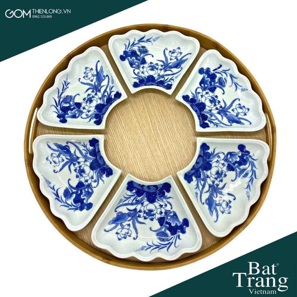 Bộ Bát Đĩa Thắp Hương Men Lam Ngọc Vẽ Sen - Đồ Thờ Cúng Bát Tràng - Gốm Thiên Long