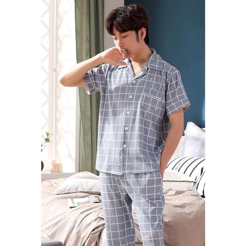 M2017-Bộ Pijama nam cộc tay cotton 100% thoáng mát mềm mại, kiểu dáng cơ bản, kẻ caro trẻ trung, size L-3XL