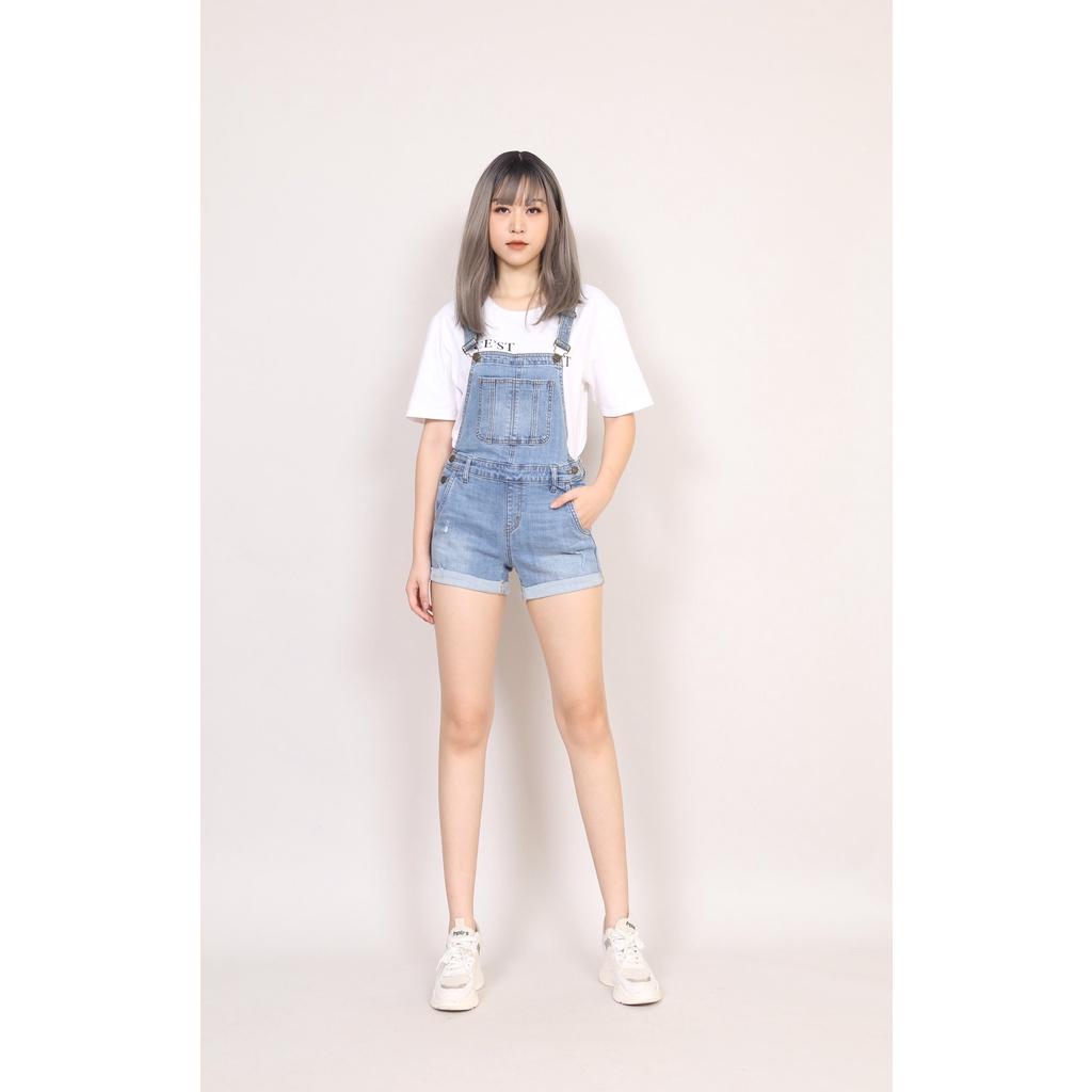 Quần Yếm bò Nữ basic Rách sọc ở túi dáng short CT JEANS