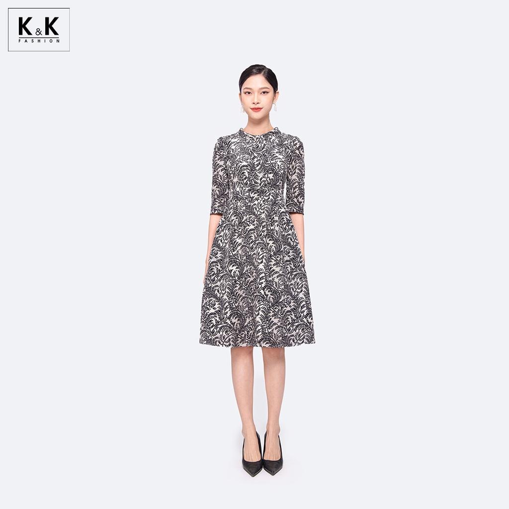 Đầm Xòe Công Sở Họa Tiết Tay Lửng K&amp;K Fashion KK119-18 Chất Liệu Lụa