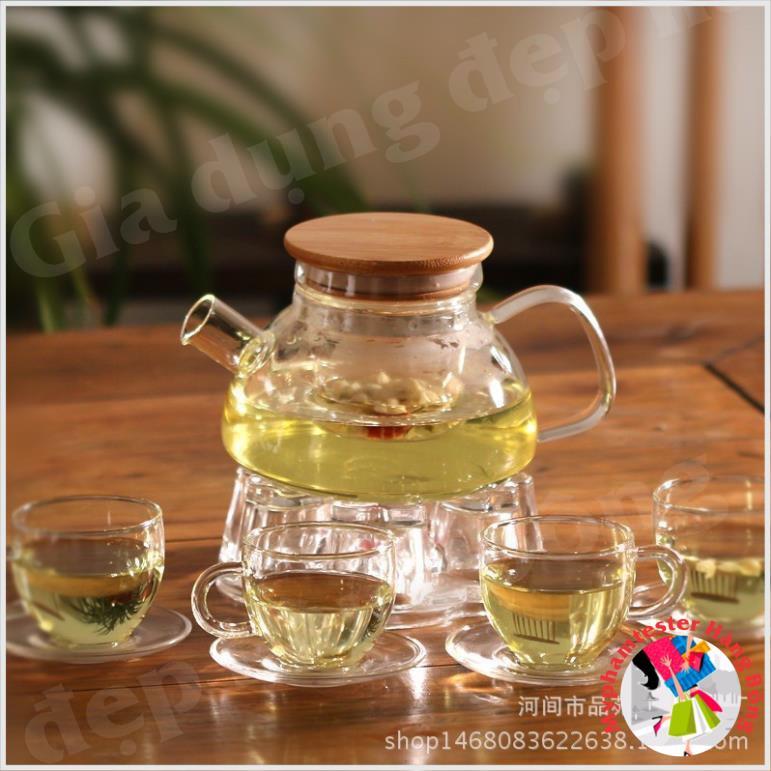 Set ấm chén trà thuỷ tinh nắp tre dung tích 600ml