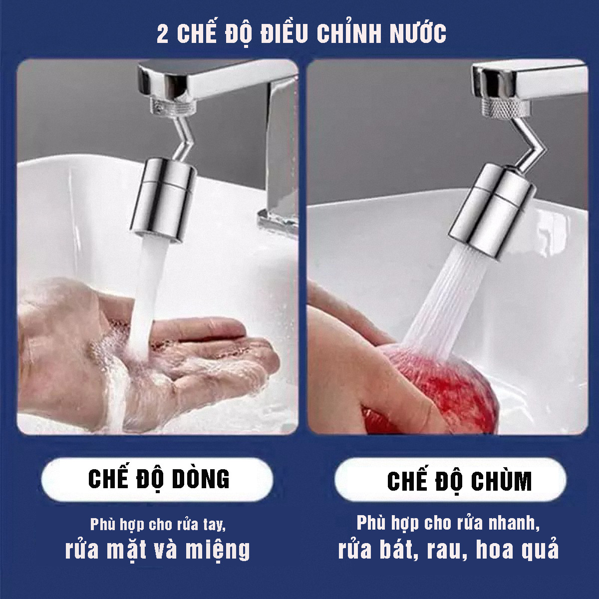 Phụ kiện đầu chuyển gắn vòi nước rửa mặt, vòi lavabo, vòi rửa bát 2 chế độ điều chỉnh nước Sen và dòng, tăng áp, xoay 360 độ, 720 độ, tiết kiệm nước, chất liệu đồng thau mạ 9 lớp – Dan House 3011