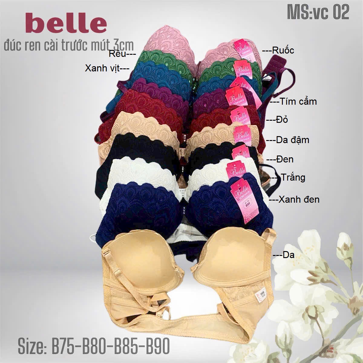 Áo Lót Nữ Ren Dày Cài Trước Có Gọng Nâng Ngực Belle VC02 – Combo Đa Màu, Đệm Mút 3 cm, Quyến Rũ & Đỡ Đỡ