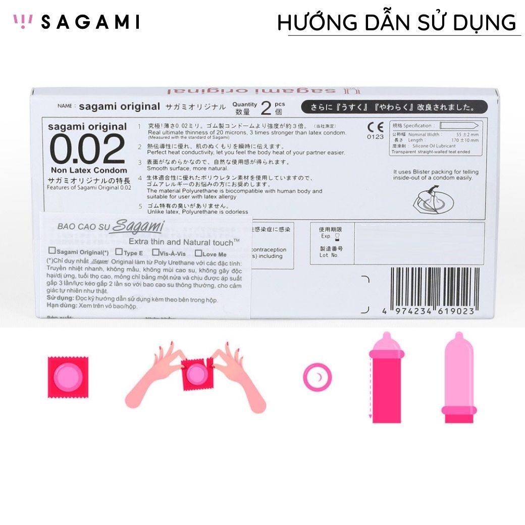 Bao cao su Sagami 002 Original Siêu mỏng Non Latex Hộp 2 chiếc không mùi trong suốt chống tuột kéo dài thời gian