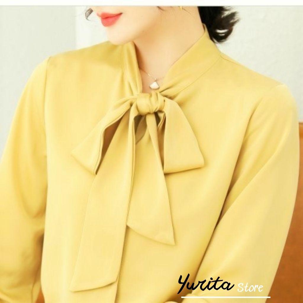Áo Sơ Mi Kiểu Công Sở Đẹp YURITA Tay Dài Cổ Thắt Nơ Vàng Chất Lụa Cao Cấp From Rộng Hàn Quốc Ulzzang Vintage A1V