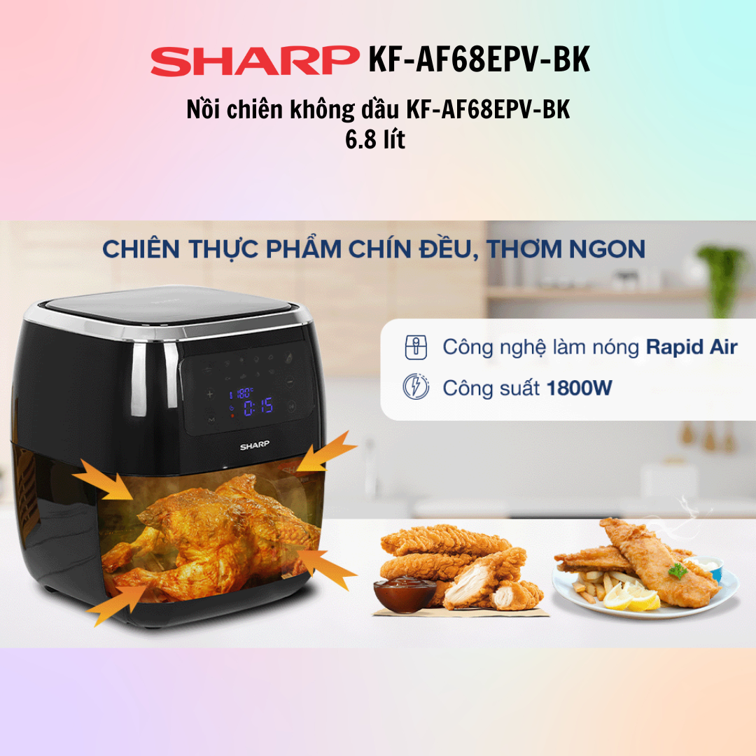 Nồi chiên không dầu Sharp KF-AF68EPV-BK 6.8 lít (điều khiển cảm ứng)  / Nồi chiên không dầu Sharp KF-AF60EV-BK 6 lít  (điều khiển cảm ứng, núm vặn) - Hàng Chính Hãng - Bảo Hành 12 Tháng