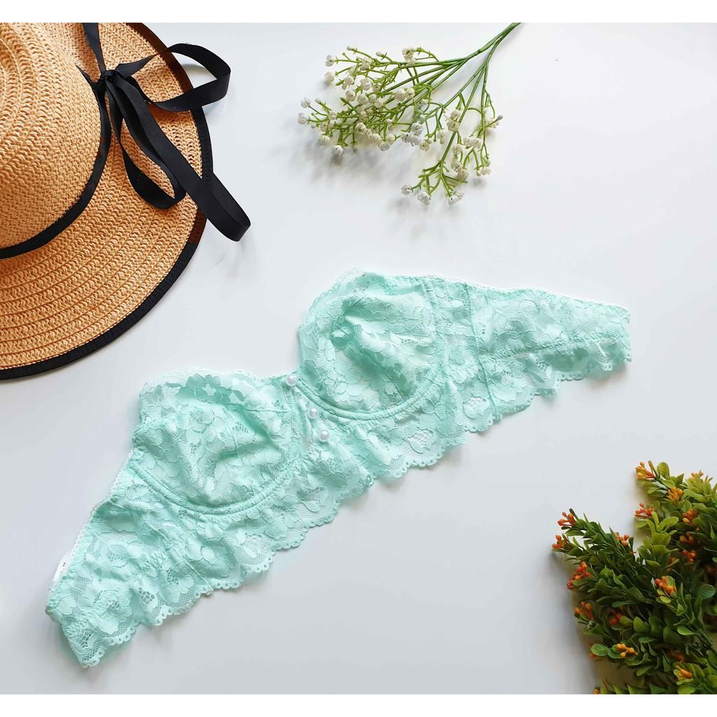 Hình ảnh Bralette croptop sexy ren màu xanh ngọc pastel hàng thiết kế, siêu mềm mịn, thoải mái cùng quần lọt khe N14