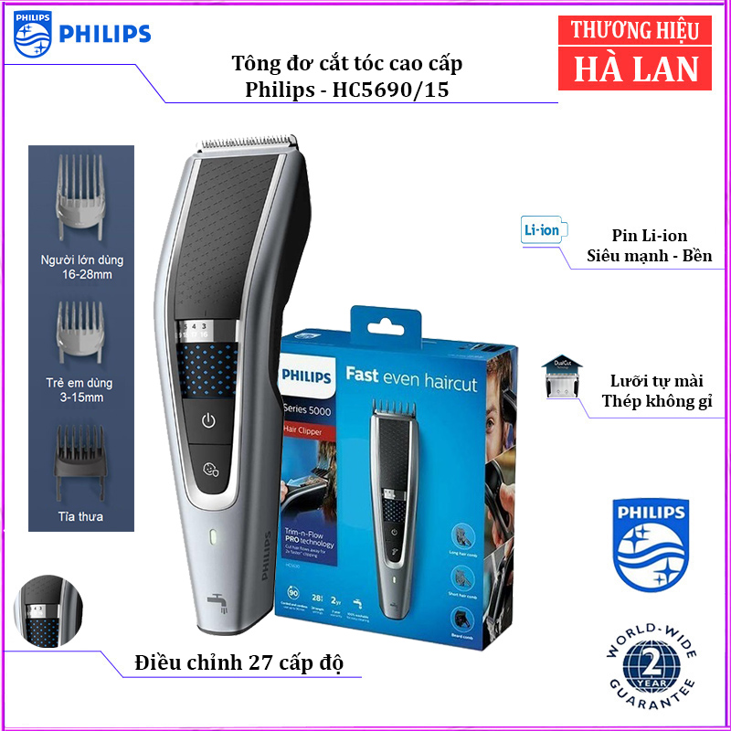 Tông đơ cắt tóc cao cấp Philips HC5690/15 tích hợp 2 lưỡi cắt, đảm bảo cắt nhanh chóng, tiết kiệm thời gian​ - Hàng Nhập Khẩu